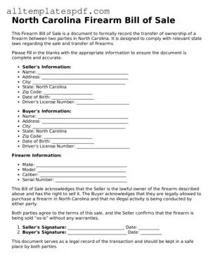 Blank Firearm Bill of Sale Template for the State of North Carolina