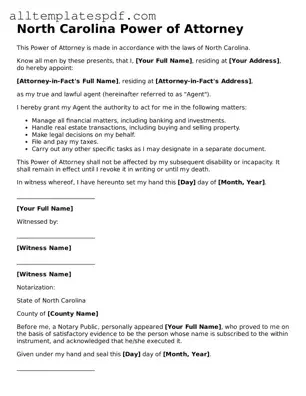 Blank Power of Attorney Template for the State of North Carolina