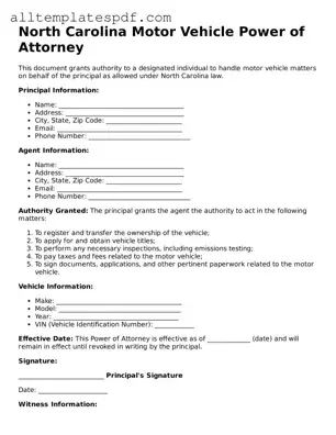Blank Motor Vehicle Power of Attorney Template for the State of North Carolina