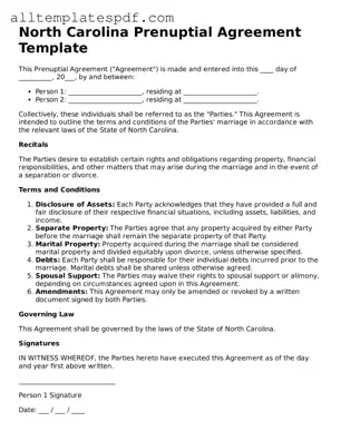 Blank Prenuptial Agreement Template for the State of North Carolina
