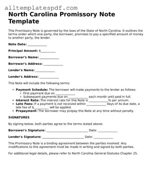 Blank Promissory Note Template for the State of North Carolina