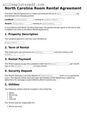 Blank Room Rental Agreement Template for the State of North Carolina