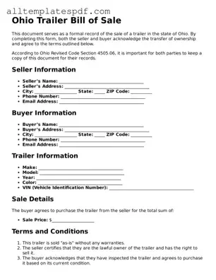 Blank Trailer Bill of Sale Template for the State of Ohio