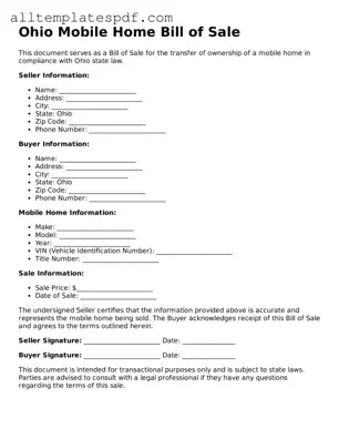 Blank Mobile Home Bill of Sale Template for the State of Ohio
