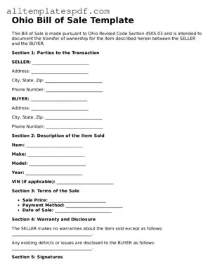 Blank Bill of Sale Template for the State of Ohio