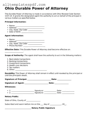 Blank Durable Power of Attorney Template for the State of Ohio
