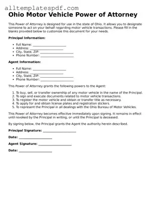 Blank Motor Vehicle Power of Attorney Template for the State of Ohio