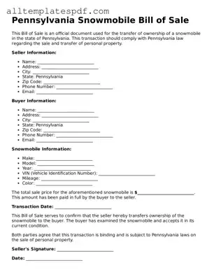 Blank Snowmobile Bill of Sale Template for the State of Pennsylvania