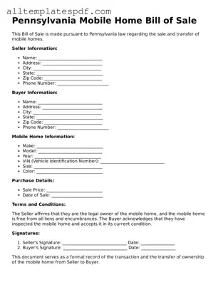 Blank Mobile Home Bill of Sale Template for the State of Pennsylvania
