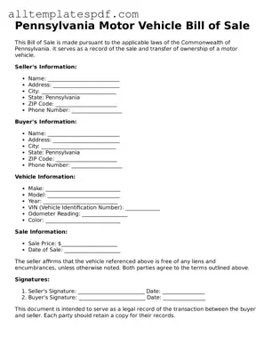 Blank Motor Vehicle Bill of Sale Template for the State of Pennsylvania