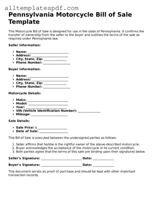 Blank Motorcycle Bill of Sale Template for the State of Pennsylvania