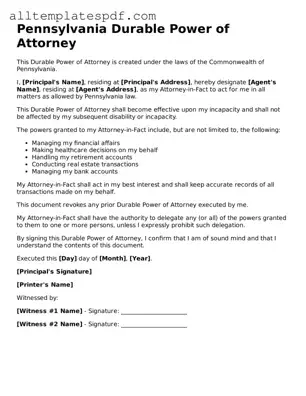 Blank Durable Power of Attorney Template for the State of Pennsylvania