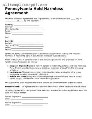 Blank Hold Harmless Agreement Template for the State of Pennsylvania