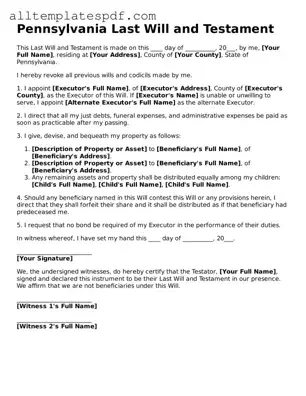 Blank Last Will and Testament Template for the State of Pennsylvania