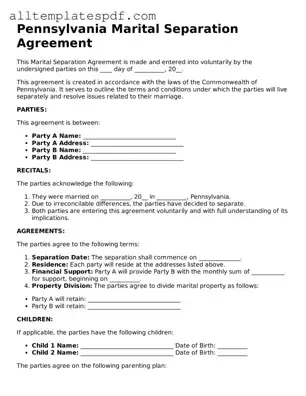 Blank Marital Separation Agreement Template for the State of Pennsylvania