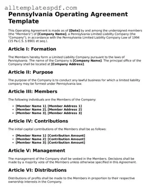 Blank Operating Agreement Template for the State of Pennsylvania