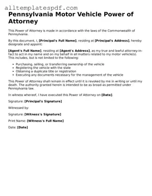 Blank Motor Vehicle Power of Attorney Template for the State of Pennsylvania