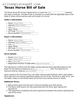 Blank Horse Bill of Sale Template for the State of Texas