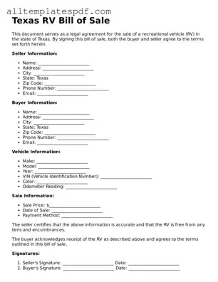 Blank RV Bill of Sale Template for the State of Texas