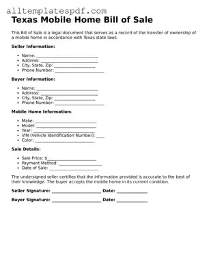 Blank Mobile Home Bill of Sale Template for the State of Texas