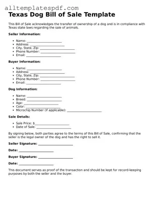 Blank Dog Bill of Sale Template for the State of Texas