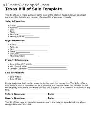 Blank Bill of Sale Template for the State of Texas
