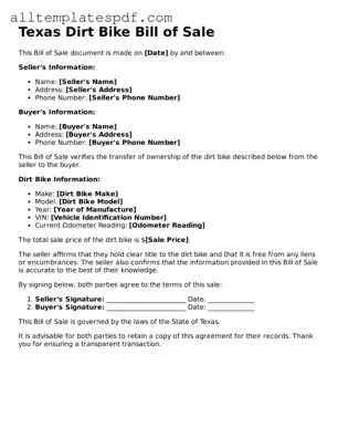 Blank Dirt Bike Bill of Sale Template for the State of Texas