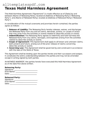 Blank Hold Harmless Agreement Template for the State of Texas