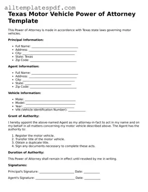Blank Motor Vehicle Power of Attorney Template for the State of Texas