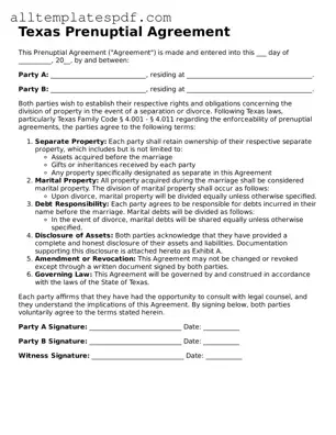 Blank Prenuptial Agreement Template for the State of Texas