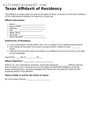 Blank Affidavit of Residency Template for the State of Texas