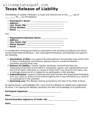 Blank Release of Liability Template for the State of Texas