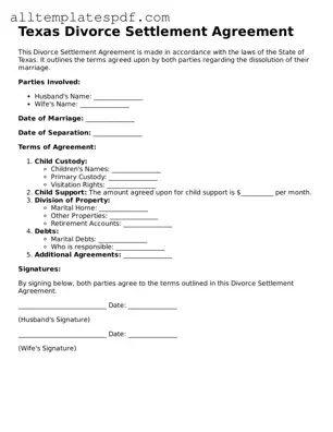 Blank Divorce Settlement Agreement Template for the State of Texas