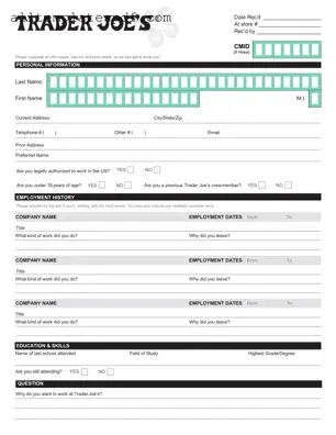 Fill Out a Valid Trader Joe's application Form