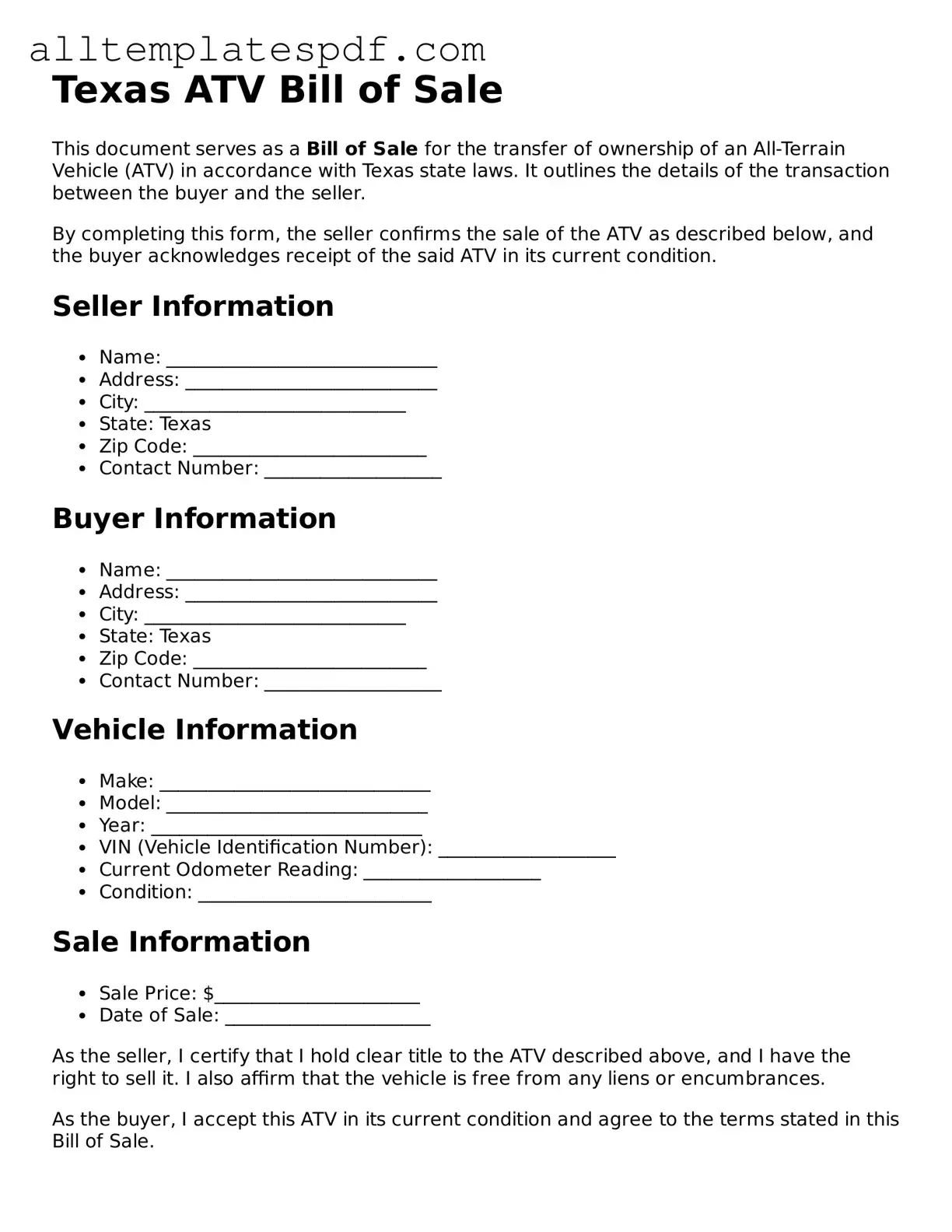 Blank ATV Bill of Sale Template for the State of Texas