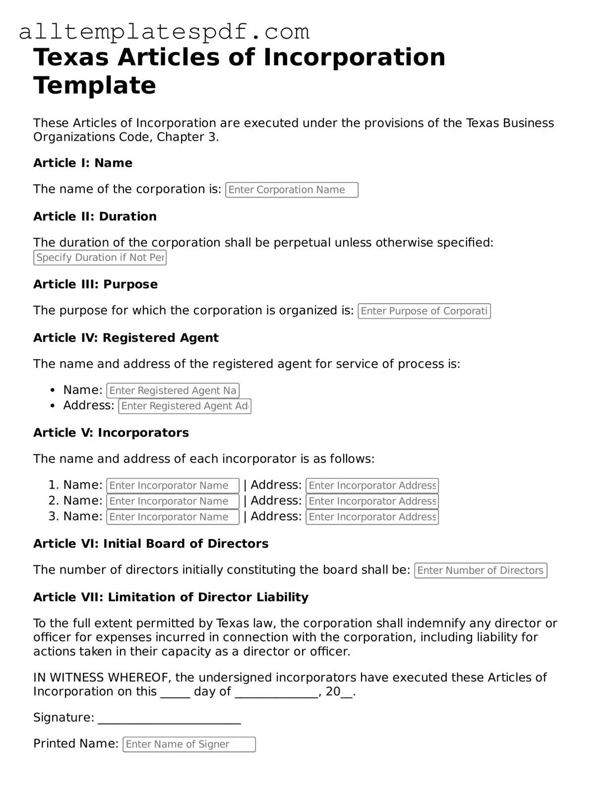 Blank Articles of Incorporation Template for the State of Texas