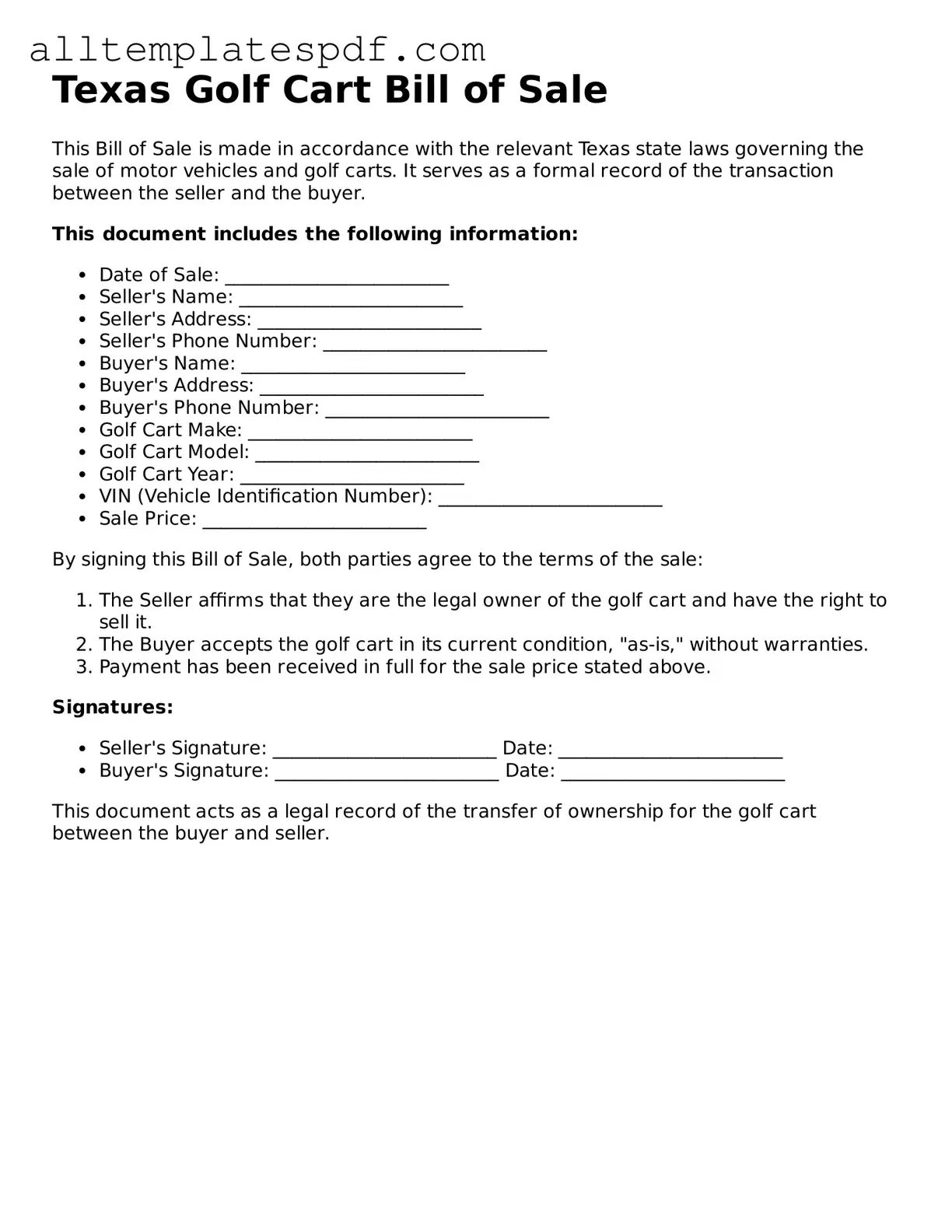 Blank Golf Cart Bill of Sale Template for the State of Texas