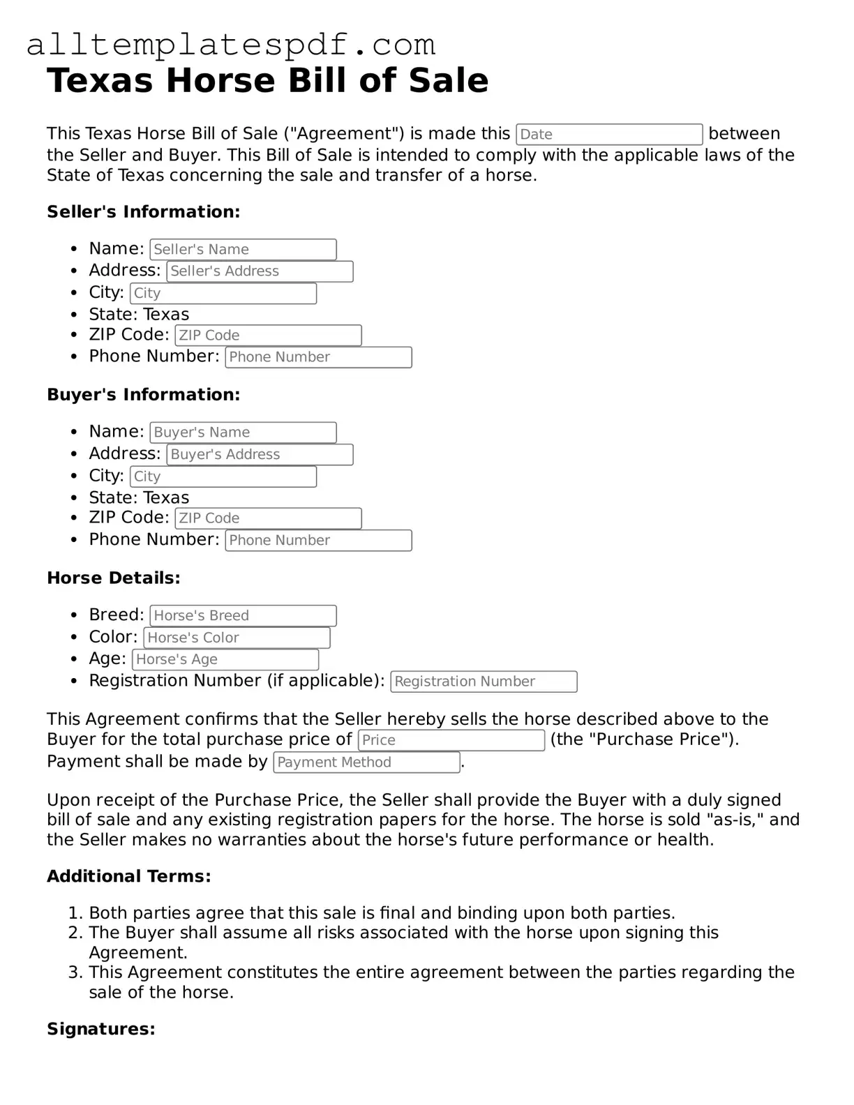 Blank Horse Bill of Sale Template for the State of Texas