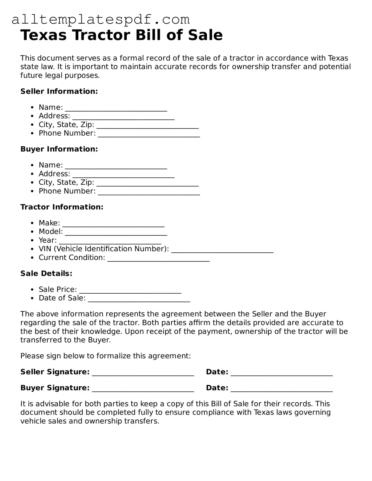Blank Tractor Bill of Sale Template for the State of Texas