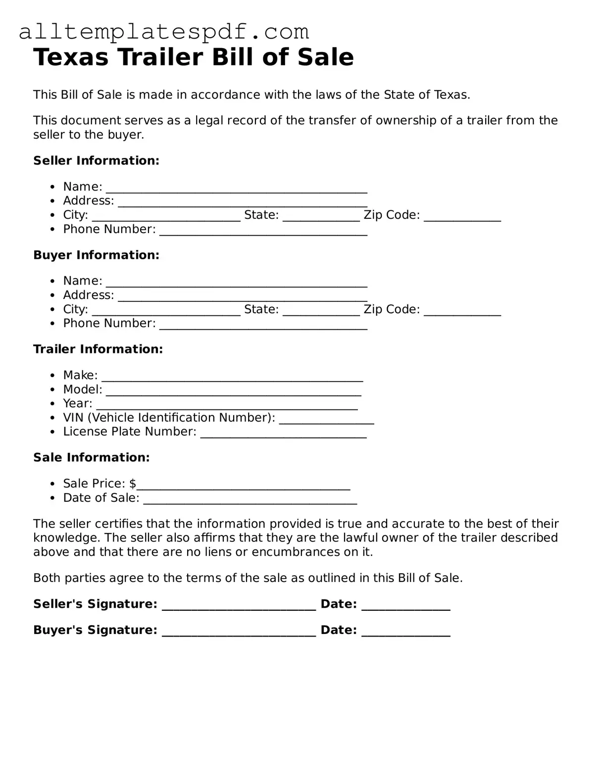 Blank Trailer Bill of Sale Template for the State of Texas