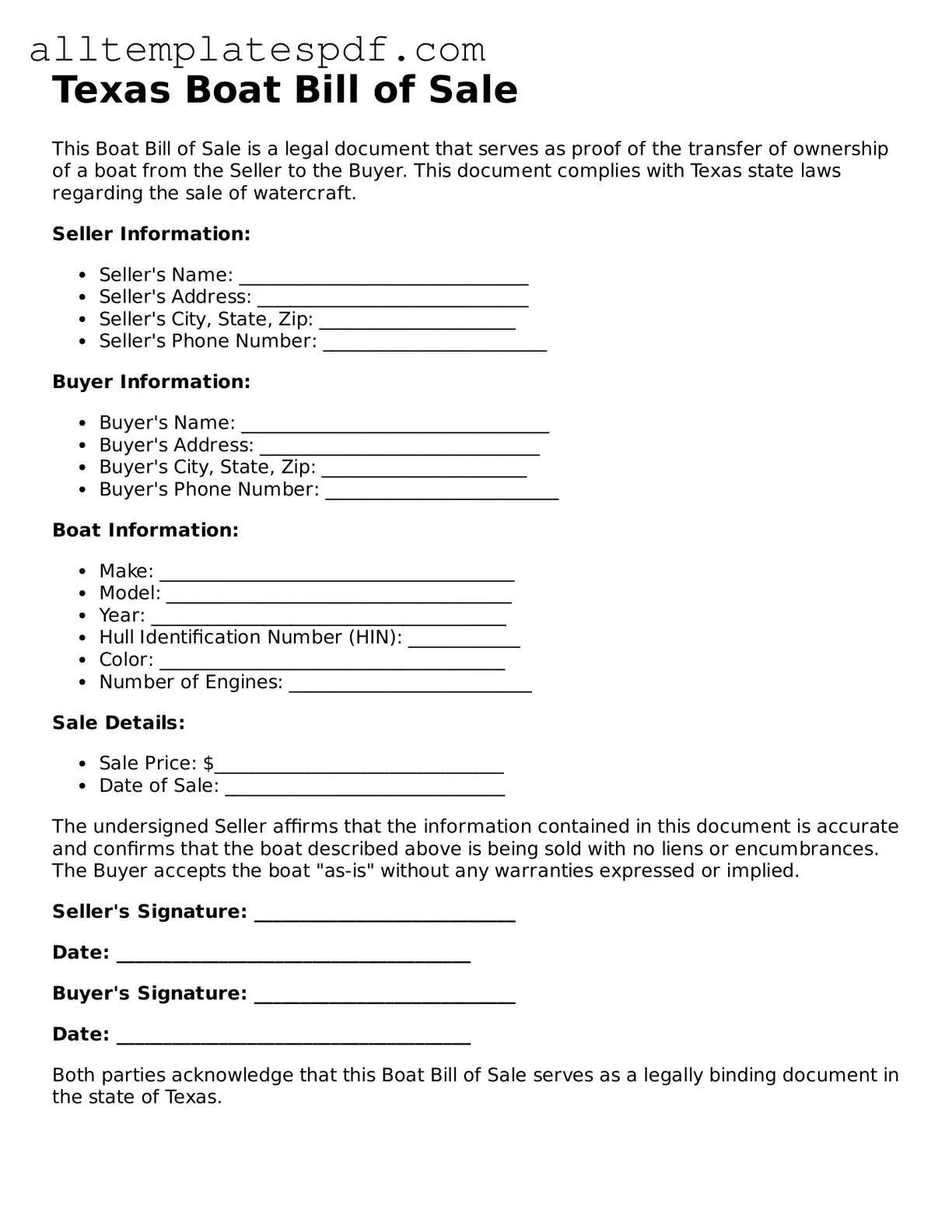 Blank Boat Bill of Sale Template for the State of Texas