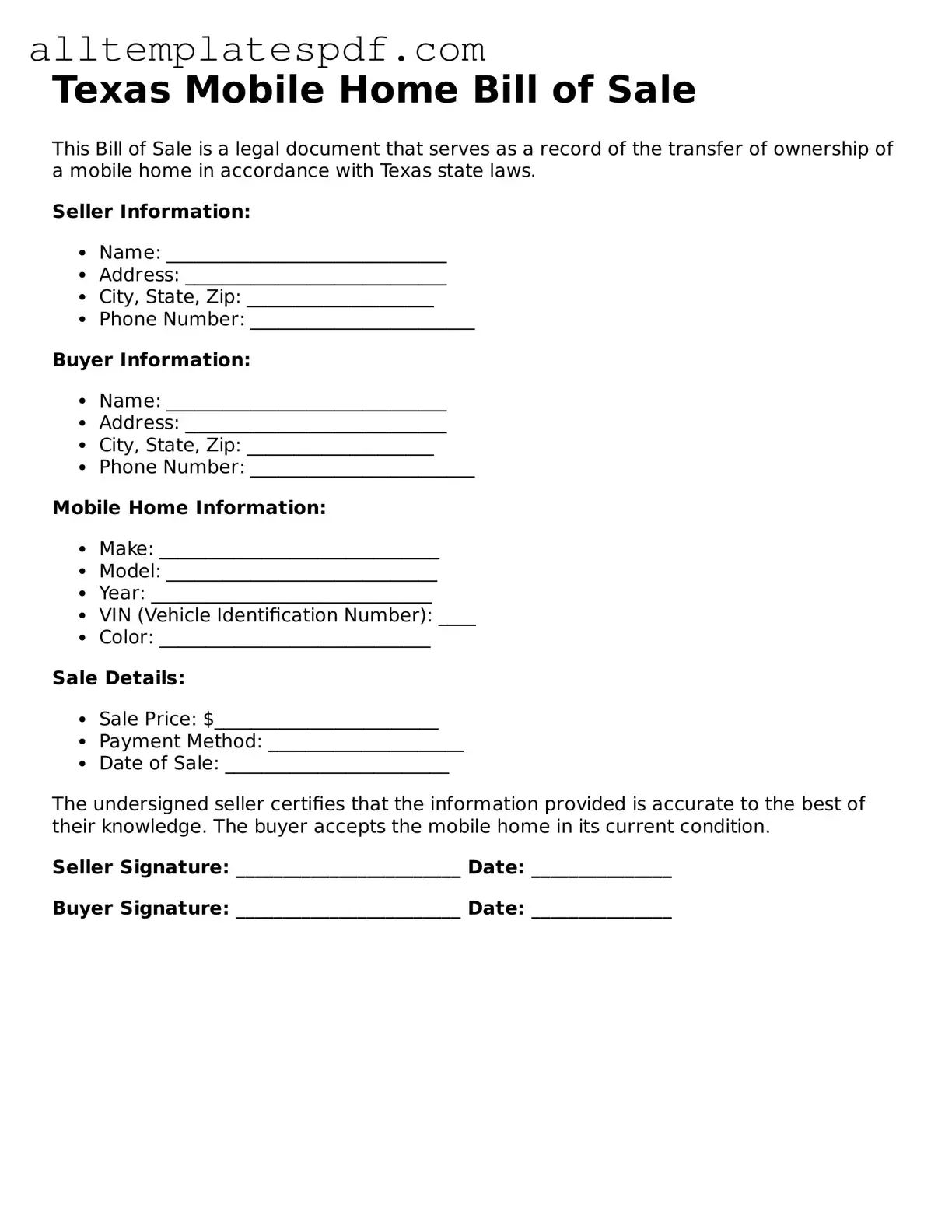 Blank Mobile Home Bill of Sale Template for the State of Texas