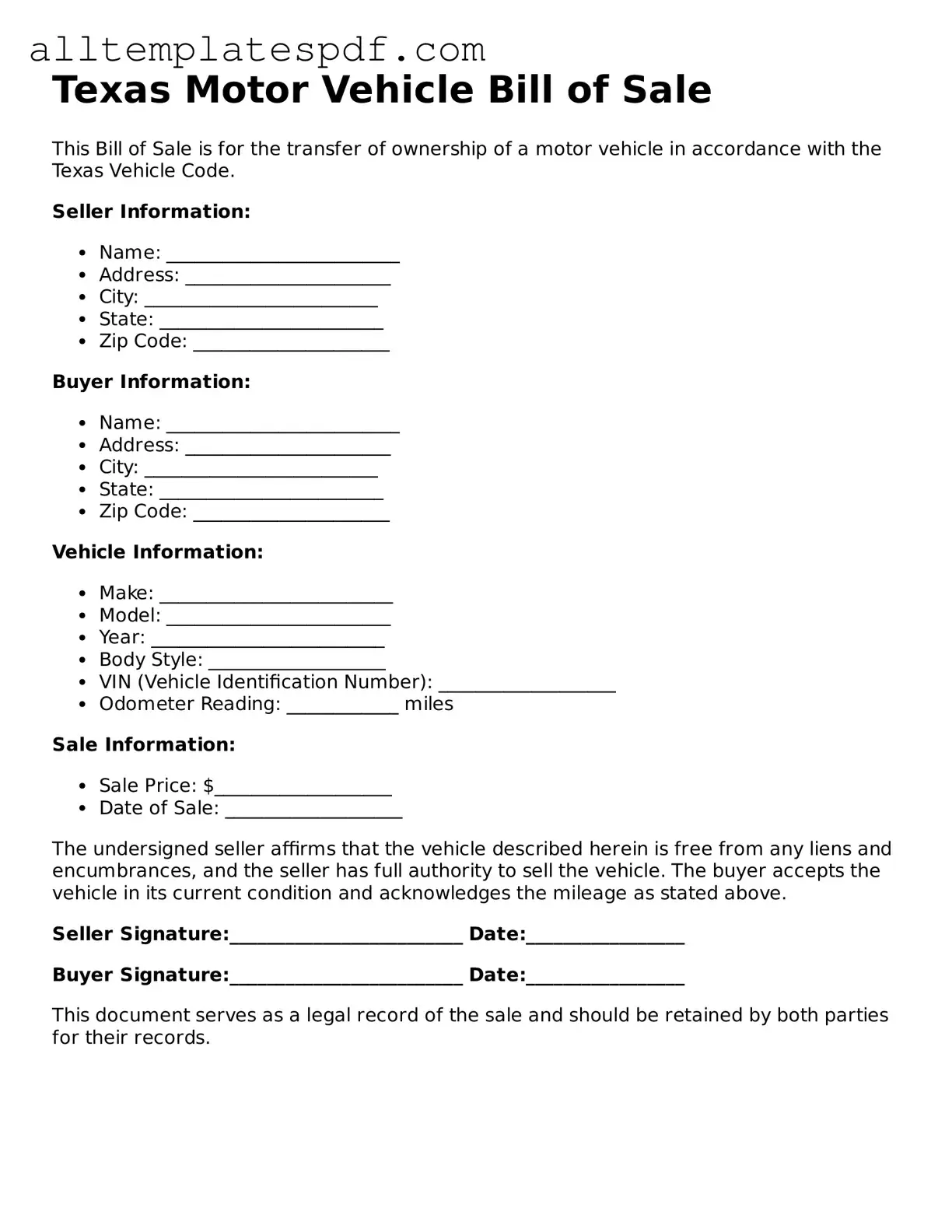 Blank Motor Vehicle Bill of Sale Template for the State of Texas
