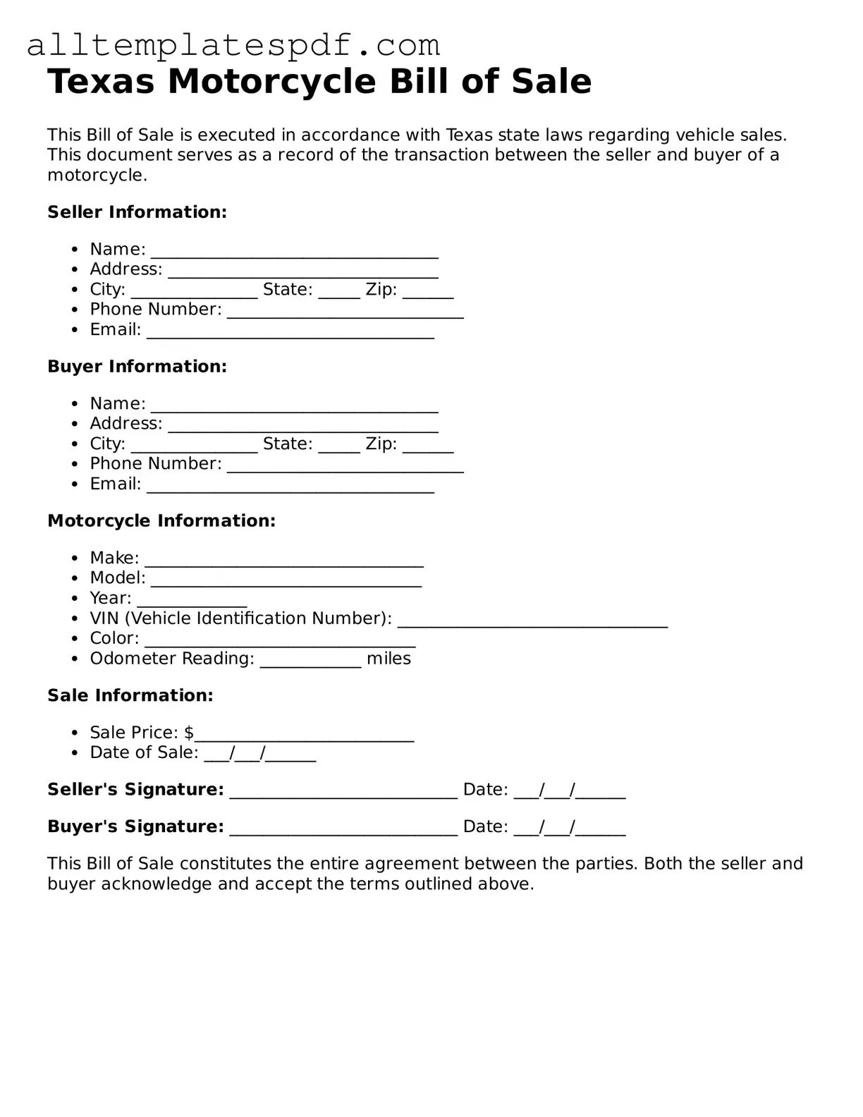 Blank Motorcycle Bill of Sale Template for the State of Texas