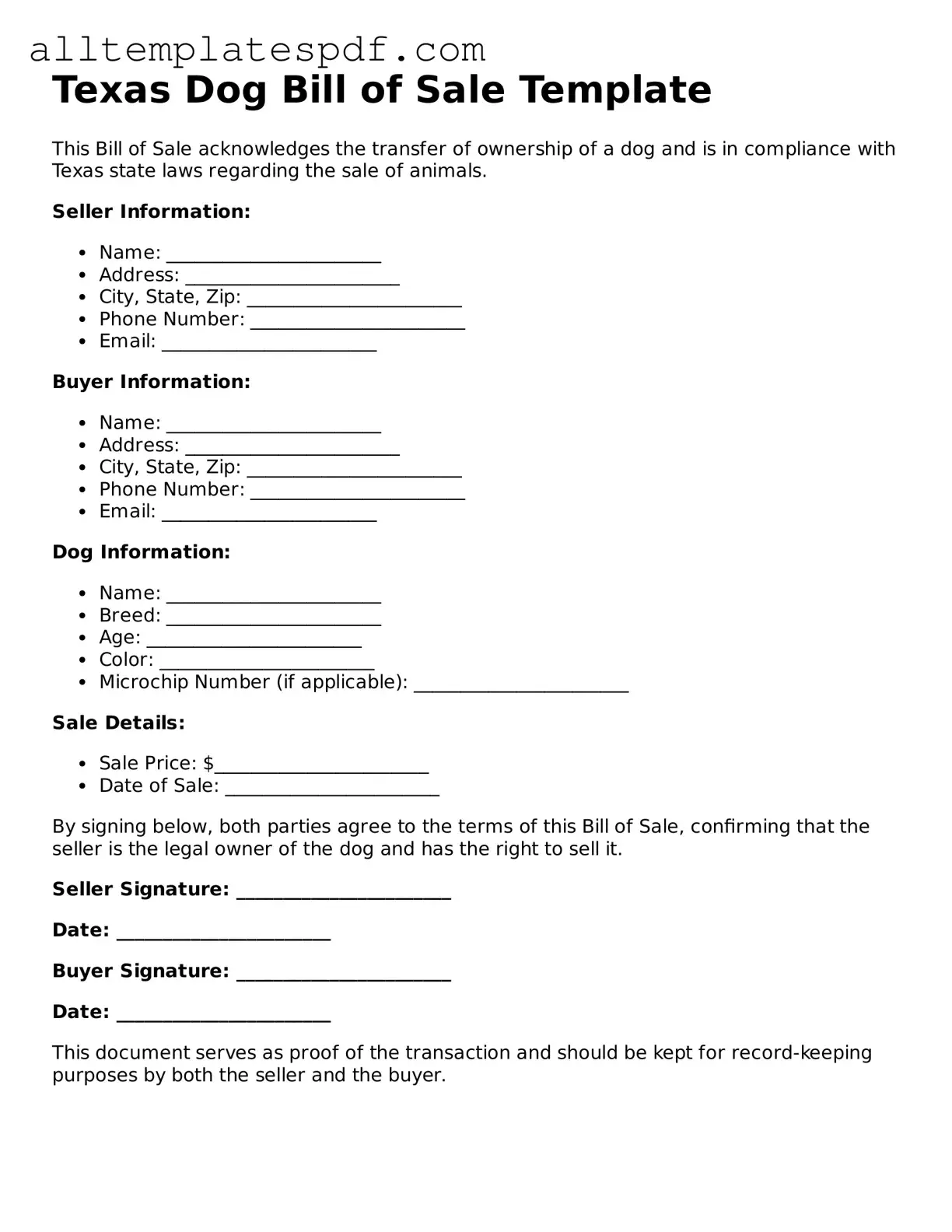 Blank Dog Bill of Sale Template for the State of Texas