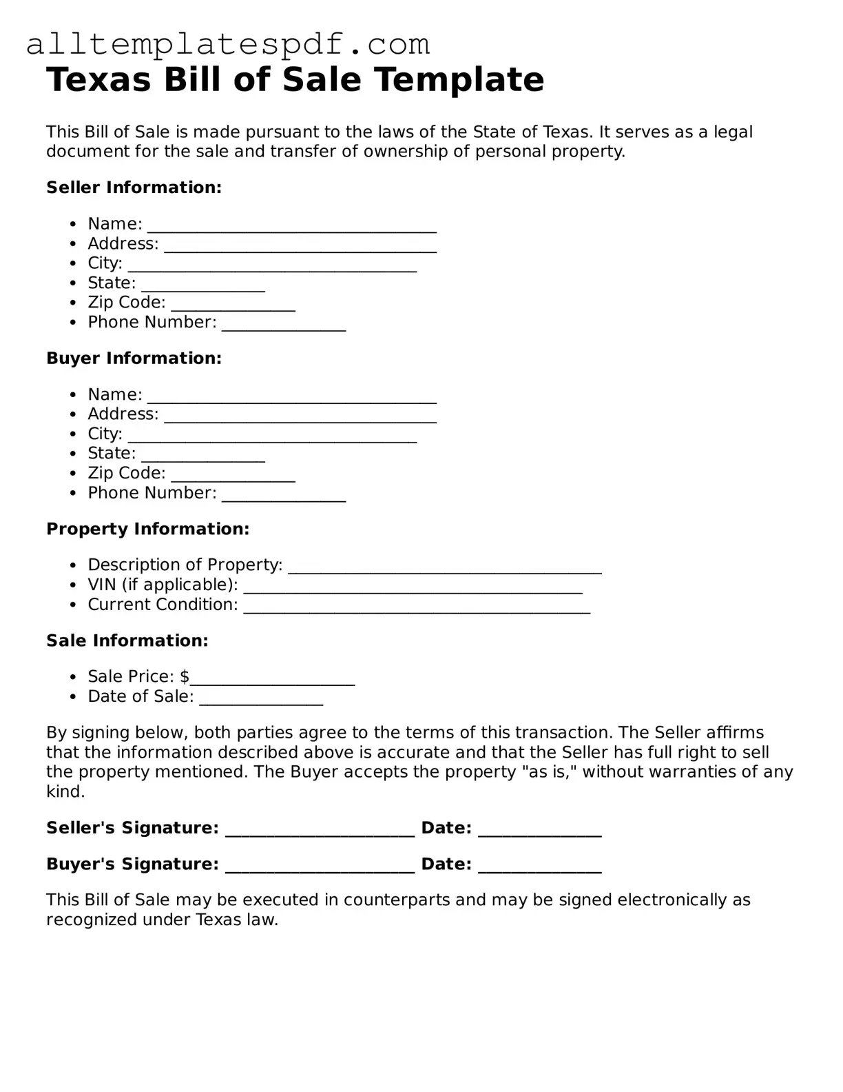 Blank Bill of Sale Template for the State of Texas