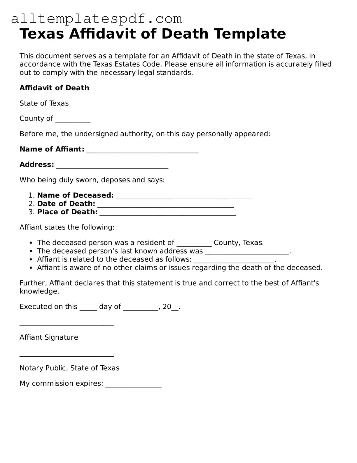 Blank Affidavit of Death Template for the State of Texas