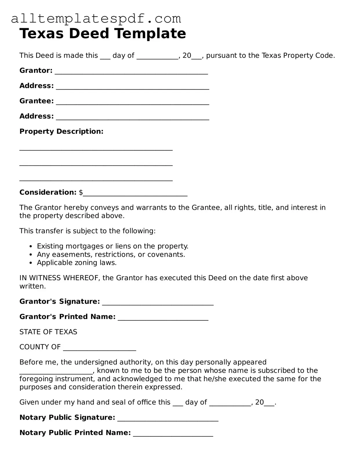 Blank Deed Template for the State of Texas
