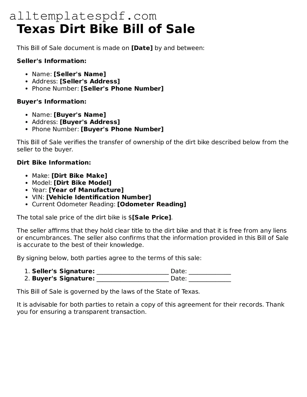 Blank Dirt Bike Bill of Sale Template for the State of Texas