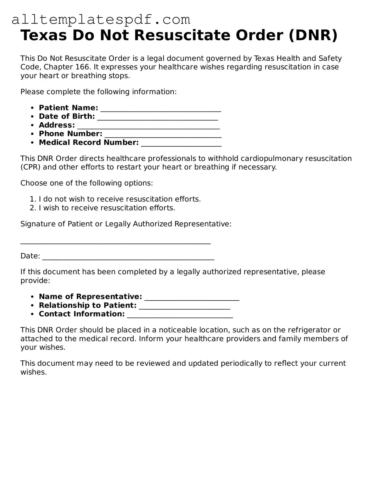 Blank Do Not Resuscitate Order Template for the State of Texas